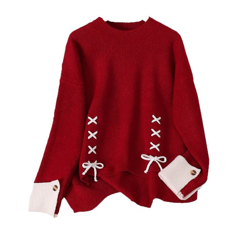 Damen Grobstrickpullover Schnürdetails Eveloria