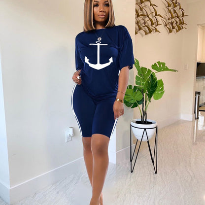 Damen Kurzarm-Kleid Maritimes Ankerdesign Blau Eveloria
