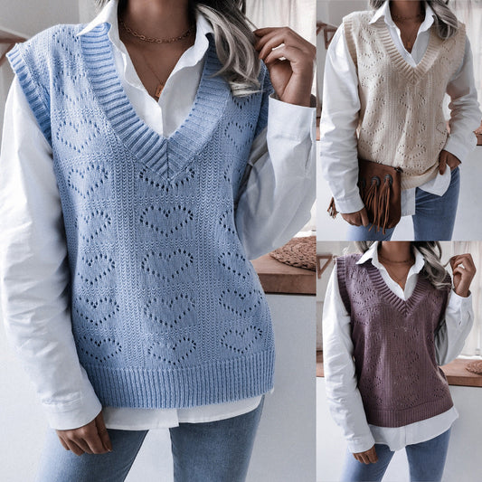 Damen Strickweste V-Ausschnitt Herzmuster - Eveloria