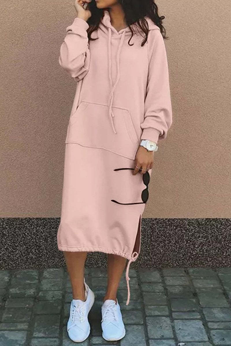 Damen Hoodie-Kleid Baumwolle Eingrifftaschen Regulierbar