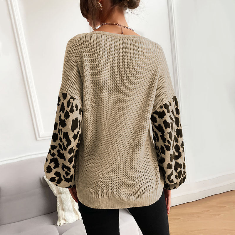 Damen Strickpullover Animal-Print Ärmel