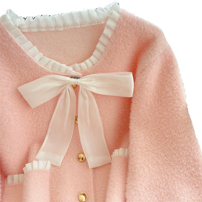 Damen Cardigan Flauschig Schleifenkragen Dekorative Knöpfe Eveloria