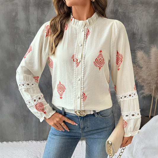 Damen Bluse Rüschendetails Stickerei Rosa - Eveloria