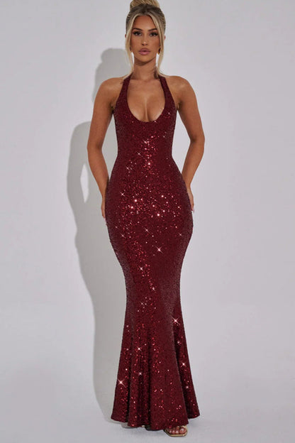 Damen Maxi-Kleid Pailletten V-Ausschnitt schmal Eveloria