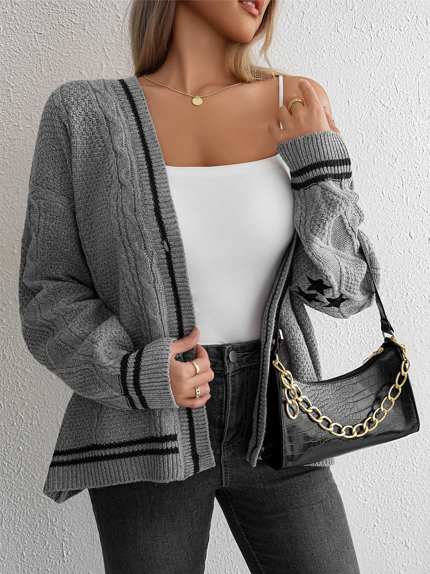 Damen Strickcardigan Strukturiertes Muster Kontrast Akzente Beige