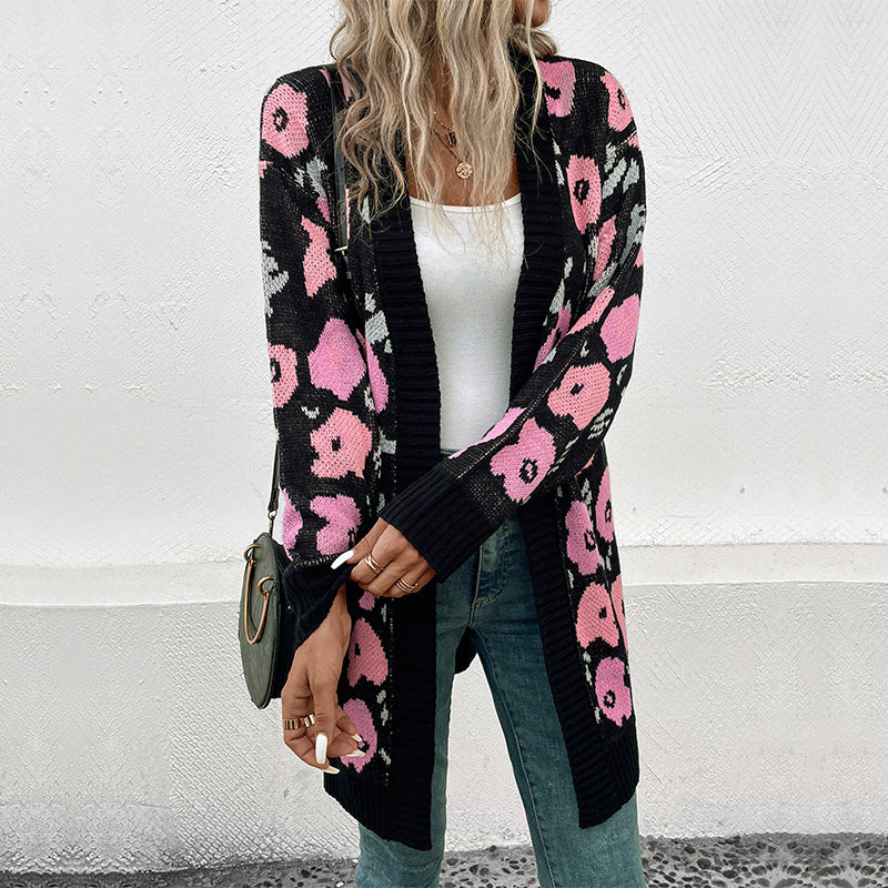 Damen Strickjacke Florales Muster Offener Schnitt