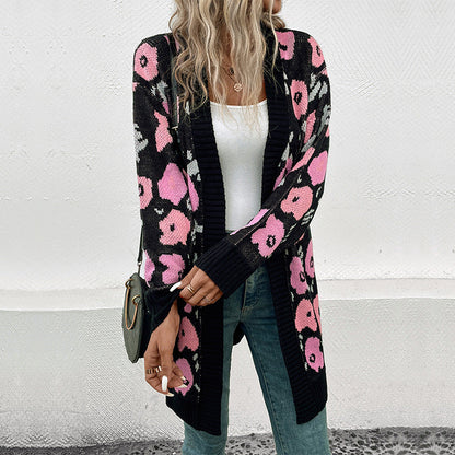Damen Strickjacke Florales Muster Offener Schnitt