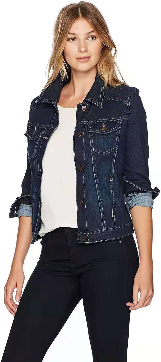 Damen Denimjacke Klassisch Dekorative Nähte Blau Eveloria