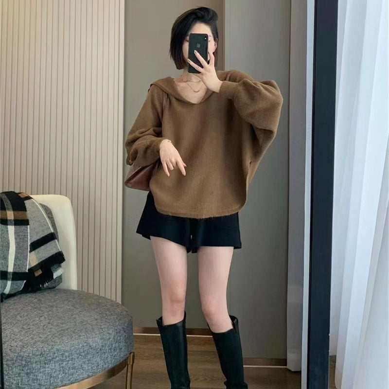 Damen Strickpullover Oversized V-Ausschnitt Kapuze Eveloria
