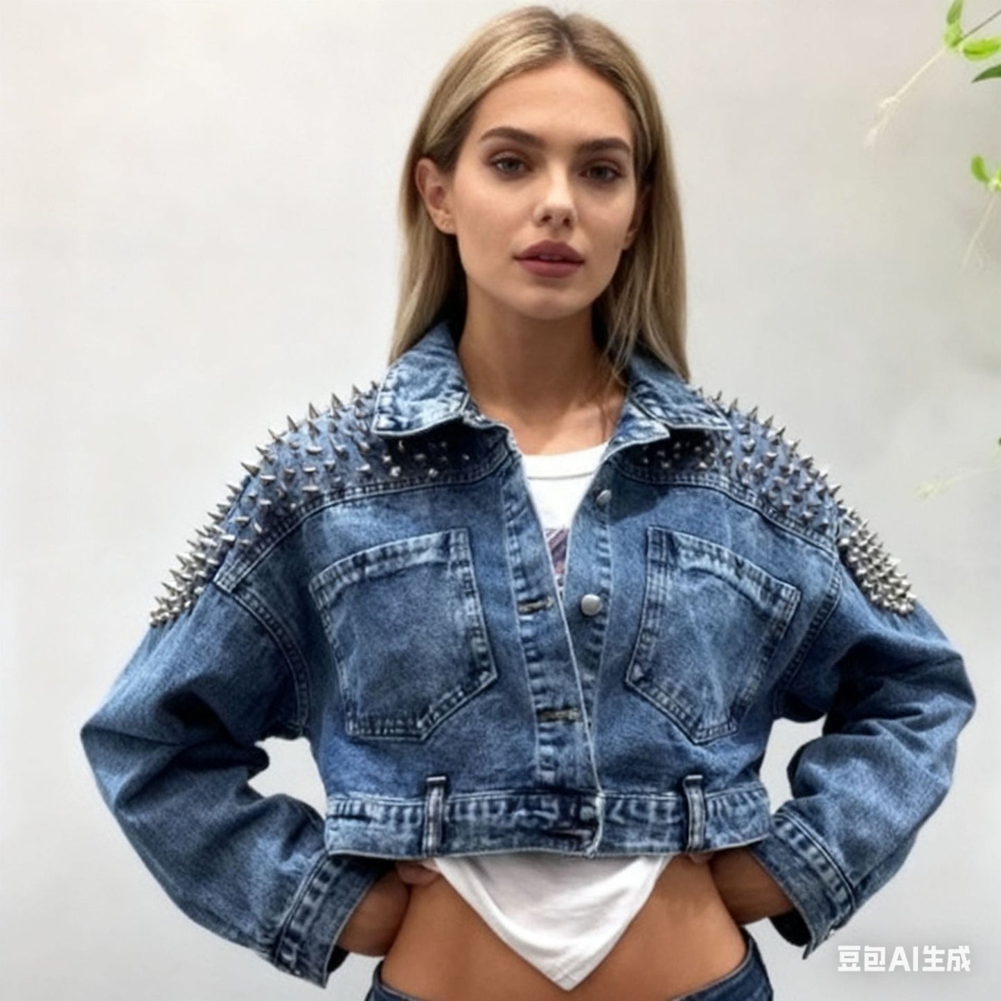 Damen Denimjacke Nietenverzierungen Blau Eveloria