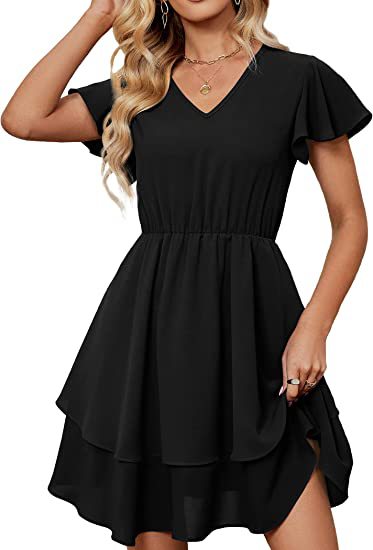 Damen Freizeitkleid Fließender Rock Rüschenärmel Eveloria