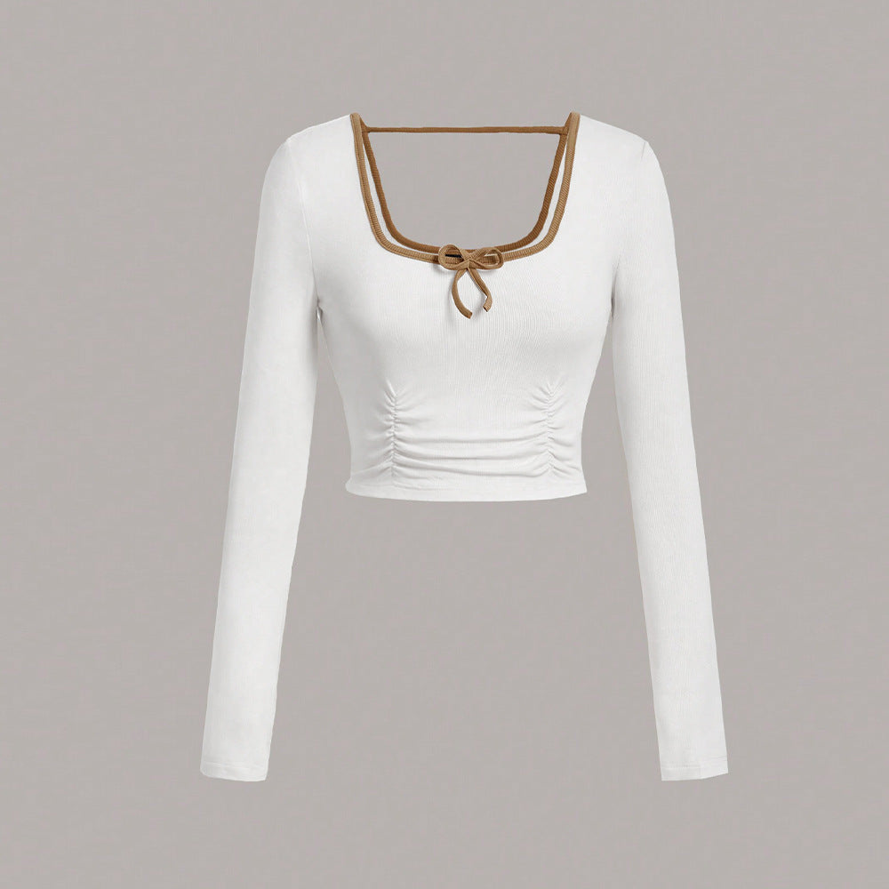 Damen Langarmshirt mit Quadrat-Ausschnitt und Knoten-Details Schwarz - Eveloria