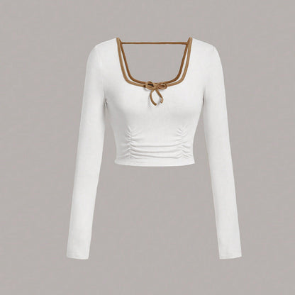 Damen Langarmshirt mit Quadrat-Ausschnitt und Knoten-Details Schwarz - Eveloria