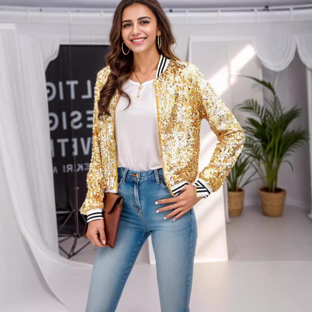 Damen Glitzernde Bomberjacke Pailletten Streifen