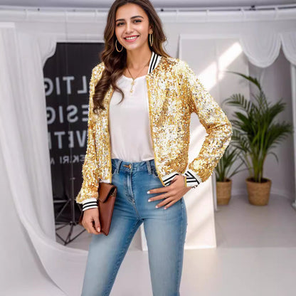 Damen Glitzernde Bomberjacke Pailletten Streifen
