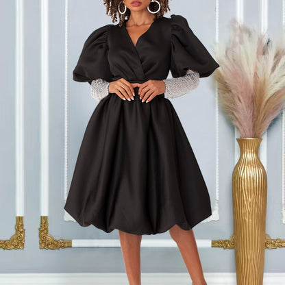Damen Wickelkleid Puffärmel Netzoberarm Transparent Eveloria
