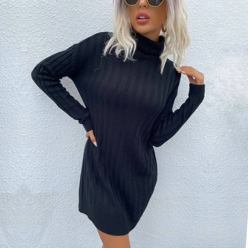 Damen Oversized Strickkleid Hochkragen Feines Design