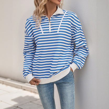 Damen Sweatshirt Gestreift Kapuze Sportkragen Grau - Eveloria