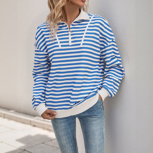 Damen Sweatshirt Gestreift Kapuze Sportkragen Grau - Eveloria