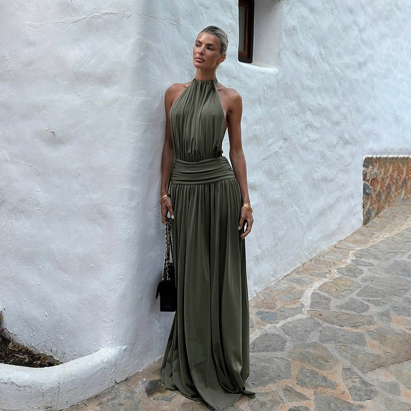 Damen Maxikleid Hohler Kragen Fließender Stoff Schwarz Eveloria - Eveloria