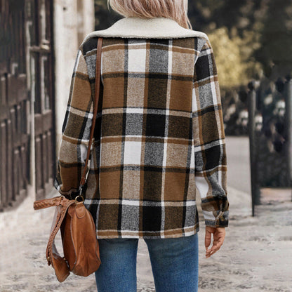 Damen Flanelljacke Karomuster Große Taschen Braun