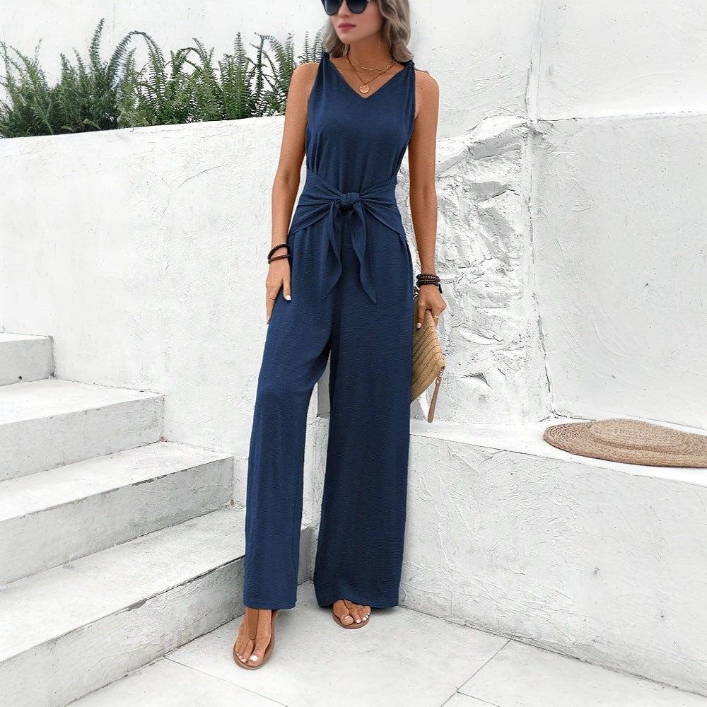 Damen Jumpsuit Gürteldetail V-Ausschnitt Eveloria