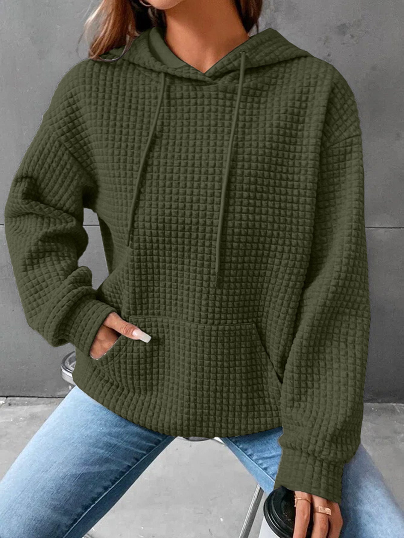 Damen Kapuzenpullover Waffelstruktur mit Kängurutasche Lässig Beige