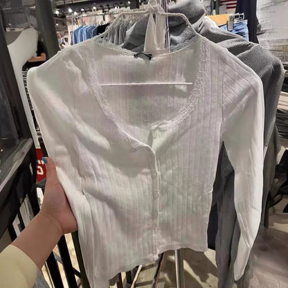 Damen Langarmshirt feine Spitze Weiß