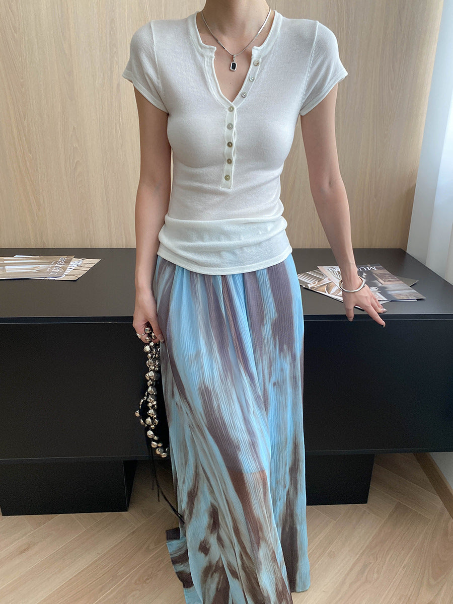 Damen Henley-Shirt Kurzarm Figurbetont Knopfleiste Eveloria