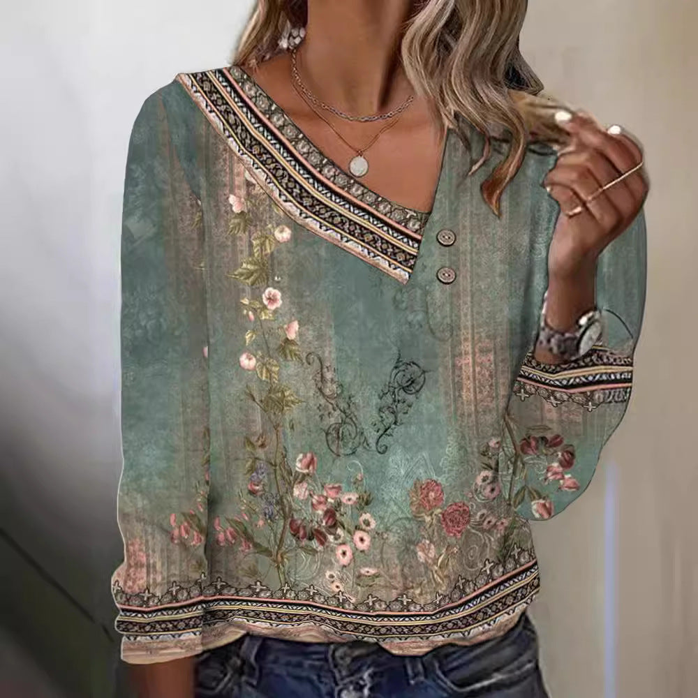 Damen Bluse Floralmuster V-Ausschnitt Eveloria - Eveloria