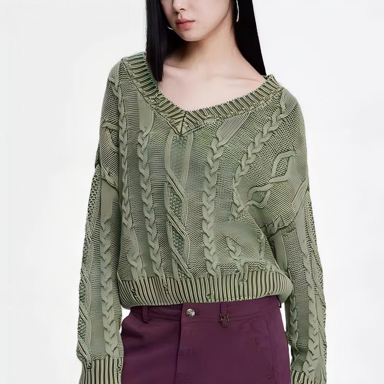 Damen Grobstrickpullover V-Ausschnitt Zopfmuster Eveloria