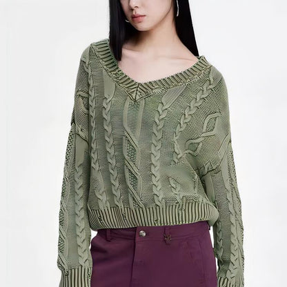 Damen Grobstrickpullover V-Ausschnitt Zopfmuster Eveloria