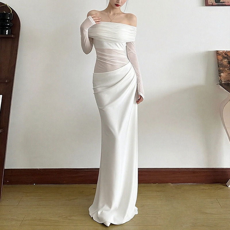 Damen Off-Shoulder Maxikleid Rüschendetails Langer Arm Eveloria
