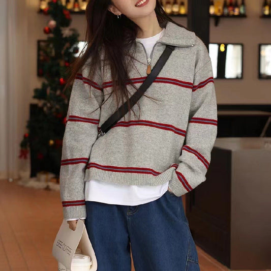 Damen Strickpullover Lässig Reißverschluss Streifenmeliert Grau - Eveloria
