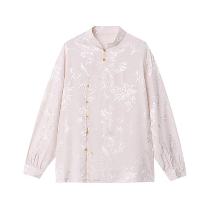 Damen Bluse Florale Stickerei Raffinierte Knöpfe Pastell