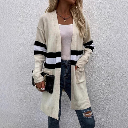 Damen Cardigan Grobstrick Lässige Streifen Taschen Beige