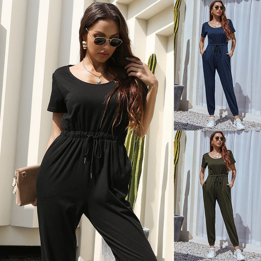 Damen Jumpsuit Elastisch Mit Seitentaschen Schwarz Eveloria - Eveloria