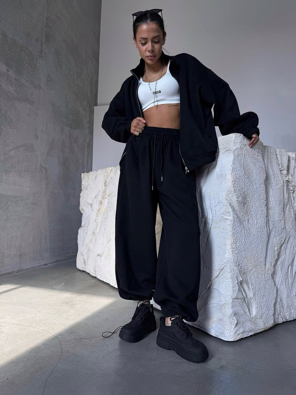 Damen Jogginganzug Oversized Jacke Weite Hose Eveloria