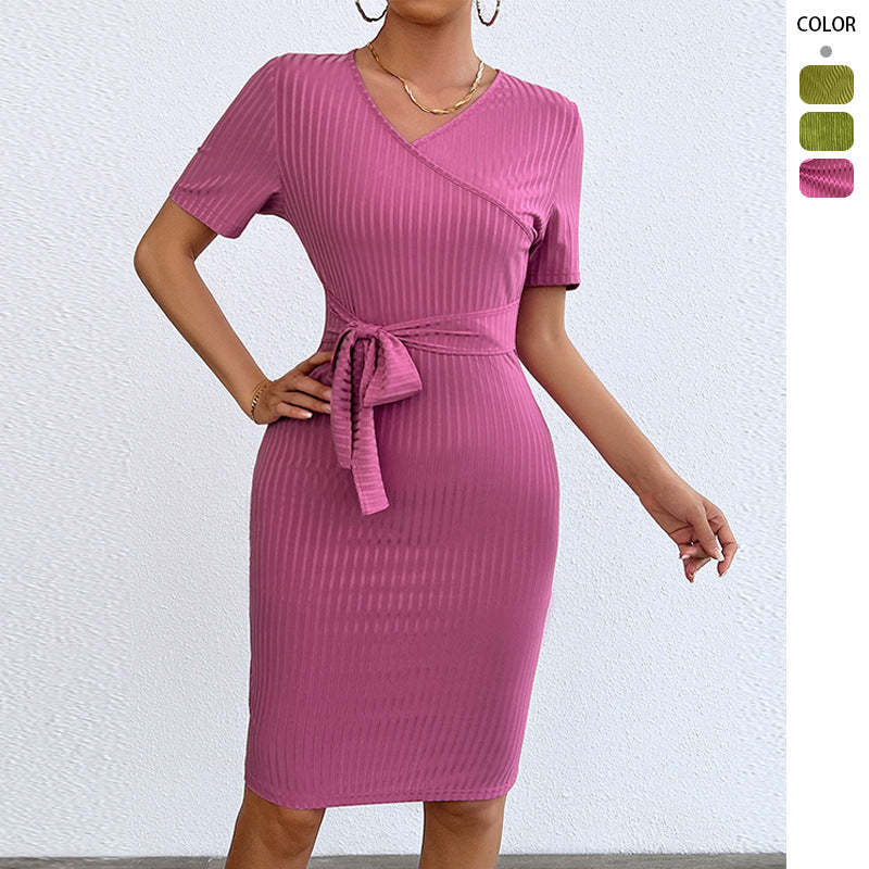 Damen Wickelkleid Gerippter Stoff Taillengürtel Schwarz Eveloria - Eveloria