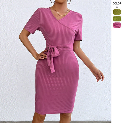 Damen Wickelkleid Gerippter Stoff Taillengürtel Schwarz Eveloria - Eveloria