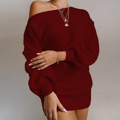 Damen Strickkleid Schulterfrei Voluminöse Ärmel Eveloria