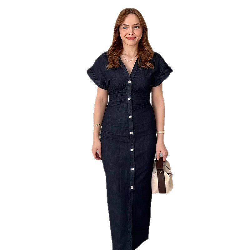 Damen Langarmkleid mit Knöpfen und Hemdkragen Eveloria