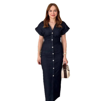 Damen Langarmkleid mit Knöpfen und Hemdkragen Eveloria
