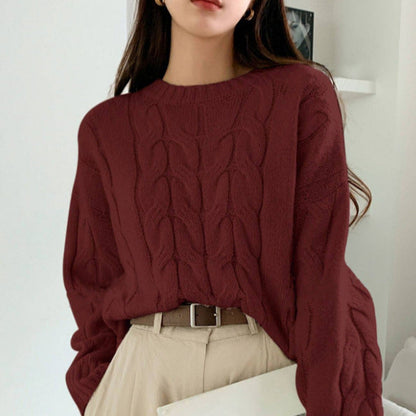 Damen Grobstrickpullover Zopfmuster Weitschnitt