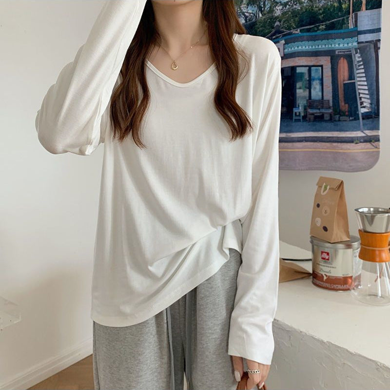 Damen Langarmshirt V-Ausschnitt Baumwolle Komfortschnitt