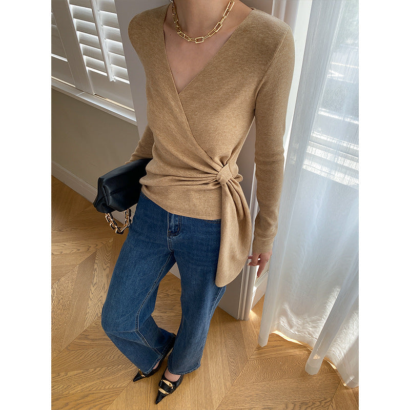 Damen Wickelpullover Weiches Strick V-Ausschnitt Beige