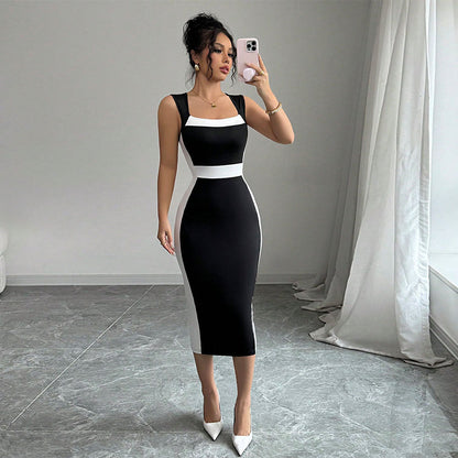 Eveloria Damen Midi-Kleid Figurbetont Kontrastschnitt Schwarz - Eveloria