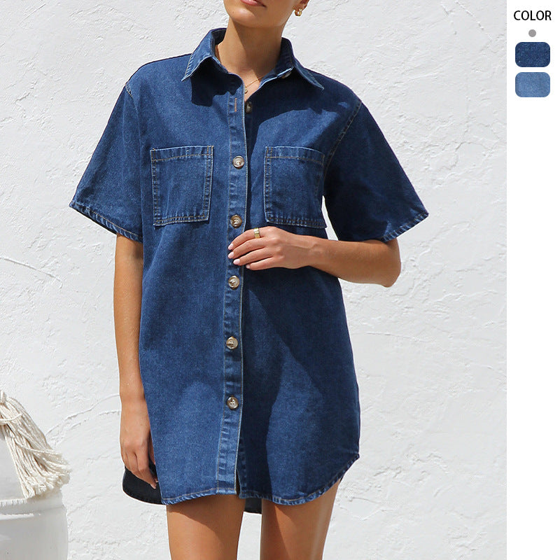 Damen Jeanshemdkleid Entspannter Schnitt Mit Taschen Blau Eveloria - Eveloria