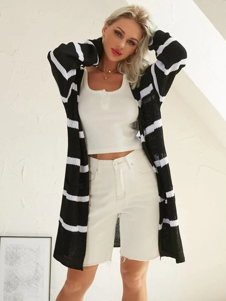 Damen Cardigan Lang Streifen Strick Weiß