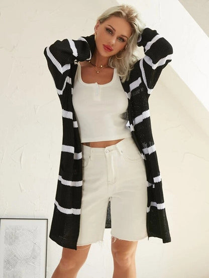 Damen Cardigan Lang Streifen Strick Weiß
